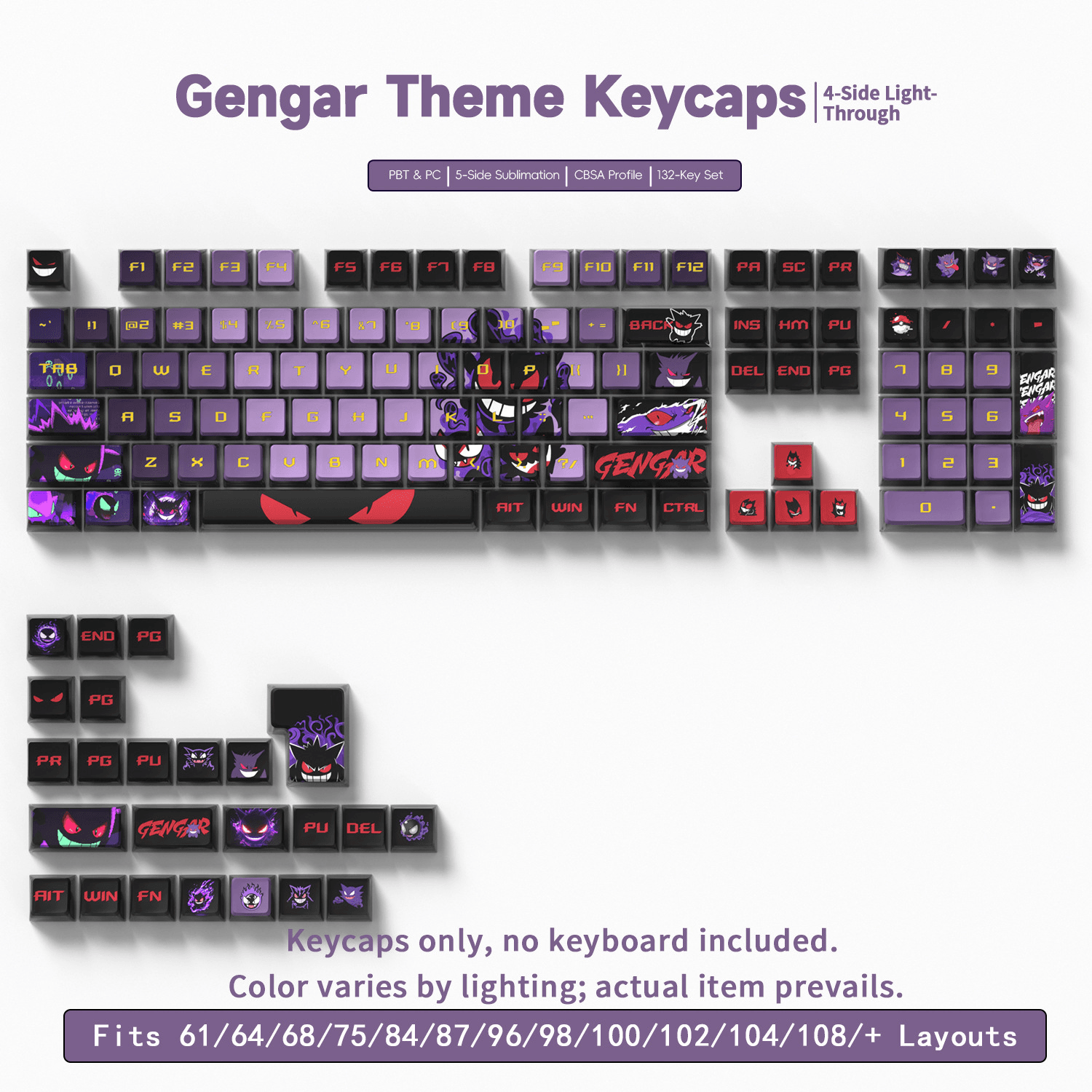 Keycap Gengar PBT 132 Phím | Bộ Keycap Bàn Phím Cơ Chủ Đề Pokémon